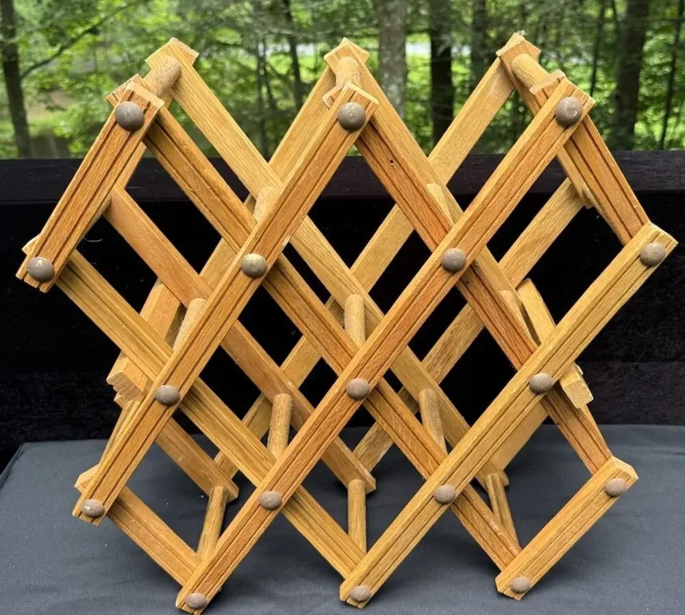 Vintage Wine Rack Bottle Holder Scissor Wood Accordion Wood Folding Heavy Duty 2
